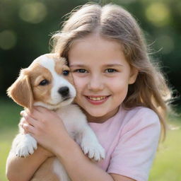 A young girl tenderly holding a cute, playful puppy. Both are expressing immense joy and affection towards each other.