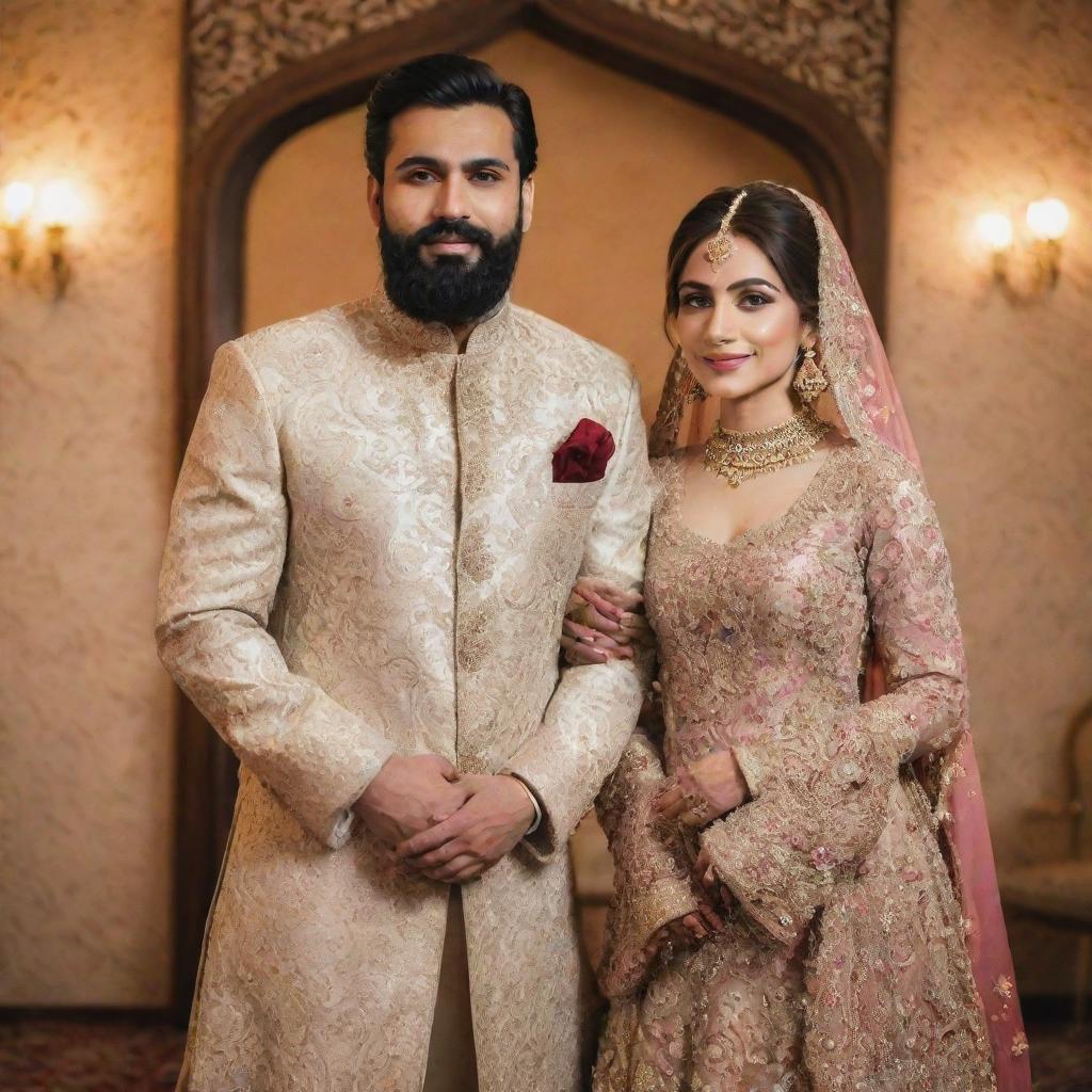 A 27-year-old petite Pakistani bride, looking elegant in her wedding dress, alongside a 28-year-old groom with a beard, dressed in a stylish sherwani, both standing in the delightful decor of a marriage hall.