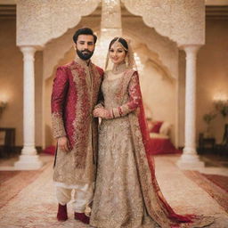 A 27-year-old petite Pakistani bride, looking elegant in her wedding dress, alongside a 28-year-old groom with a beard, dressed in a stylish sherwani, both standing in the delightful decor of a marriage hall.