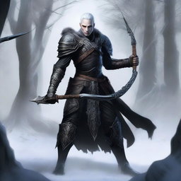 A highest quality digital art image portrays a male Winter Eladrin Gloom Stalker, clad in full black leather armor, which fits him like a second skin