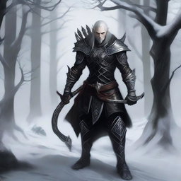 A highest quality digital art image portrays a male Winter Eladrin Gloom Stalker, clad in full black leather armor, which fits him like a second skin