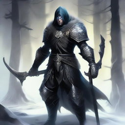 A highest quality digital art image portrays a male Winter Eladrin Gloom Stalker, clad in full black leather armor, which fits him like a second skin