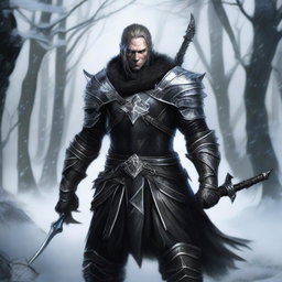 A highest quality digital art image portrays a male Winter Eladrin Gloom Stalker, clad in full black leather armor, which fits him like a second skin