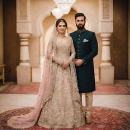 A 27-year-old petite Pakistani bride, looking elegant in her wedding dress, alongside a 28-year-old groom with a beard, dressed in a stylish sherwani, both standing in the delightful decor of a marriage hall.