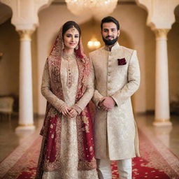 A 27-year-old petite Pakistani bride, looking elegant in her wedding dress, alongside a 28-year-old groom with a beard, dressed in a stylish sherwani, both standing in the delightful decor of a marriage hall.