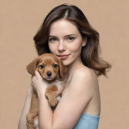 A woman elegantly drawn, holding a cute, playful puppy in her arms