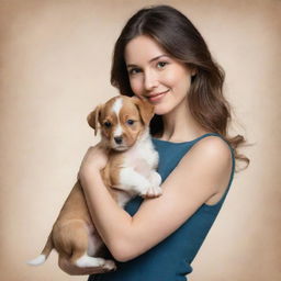 A woman elegantly drawn, holding a cute, playful puppy in her arms