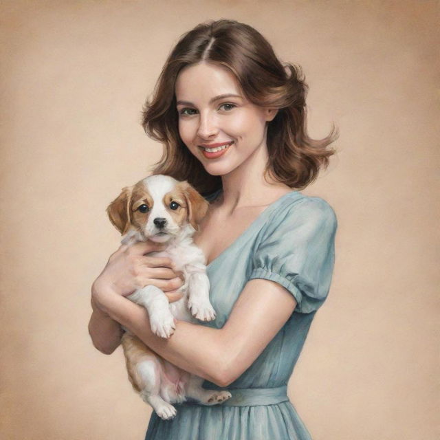 A woman elegantly drawn, holding a cute, playful puppy in her arms