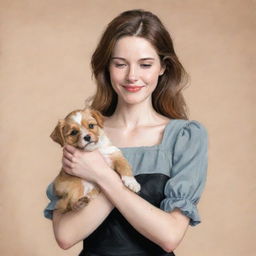 A woman elegantly drawn, holding a cute, playful puppy in her arms