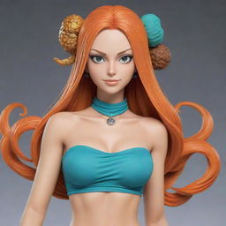 Nami from One Piece reimagined as an advanced, sleek AI character