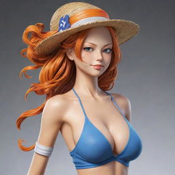 Nami from One Piece reimagined as an advanced, sleek AI character