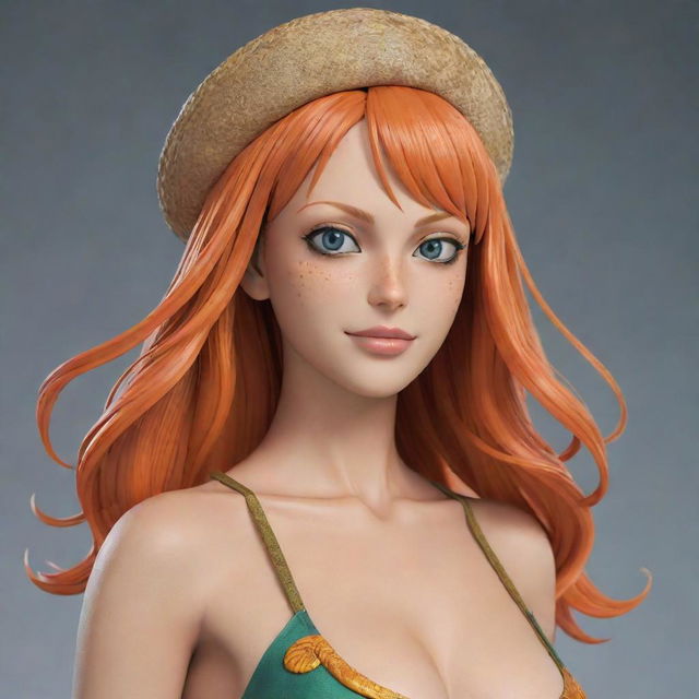 Nami from One Piece reimagined as an advanced, sleek AI character