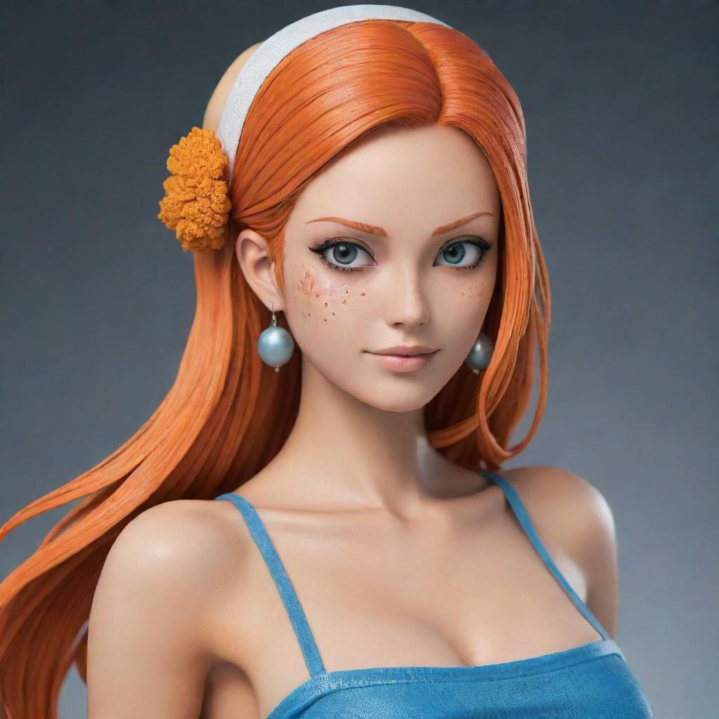 Nami from One Piece reimagined as an advanced, sleek AI character