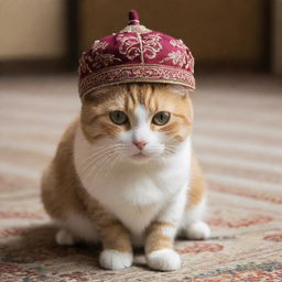 A cat wearing a small, elaborately embroidered Muslim prayer cap in an indoor setting that is softly lit