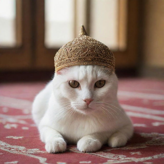 A cat wearing a small, elaborately embroidered Muslim prayer cap in an indoor setting that is softly lit