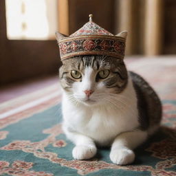 A cat wearing a small, elaborately embroidered Muslim prayer cap in an indoor setting that is softly lit