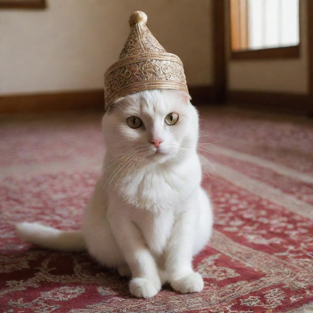 A cat wearing a small, elaborately embroidered Muslim prayer cap in an indoor setting that is softly lit