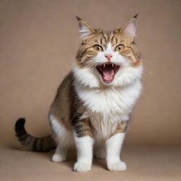 An upset cat with fur standing up, tail bushy and ears flattened, showing its sharp fangs intimidatingly.