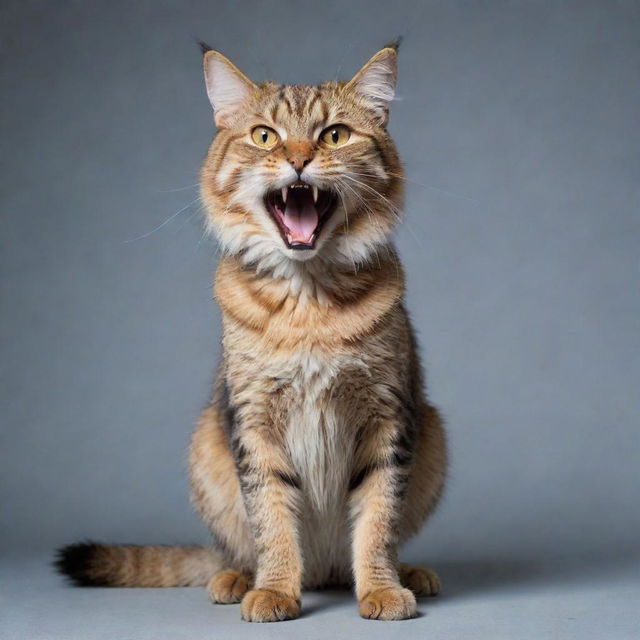 An upset cat with fur standing up, tail bushy and ears flattened, showing its sharp fangs intimidatingly.