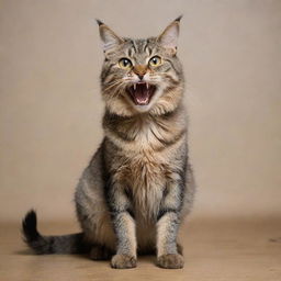 An upset cat with fur standing up, tail bushy and ears flattened, showing its sharp fangs intimidatingly.