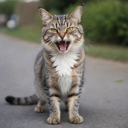 An upset cat with fur standing up, tail bushy and ears flattened, showing its sharp fangs intimidatingly.