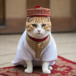 A cat dressed in traditional Muslim attire, complete with a small fez hat and robe.