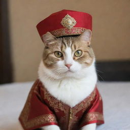 A cat dressed in traditional Muslim attire, complete with a small fez hat and robe.