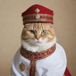 A cat dressed in traditional Muslim attire, complete with a small fez hat and robe.