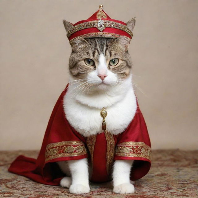 A cat dressed in traditional Muslim attire, complete with a small fez hat and robe.