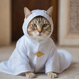 A cute cat dressed in an intricate, white thobe, a traditional Muslim garment, featuring remarkable textures and details.