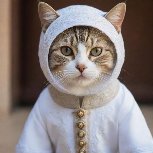 A cute cat dressed in an intricate, white thobe, a traditional Muslim garment, featuring remarkable textures and details.