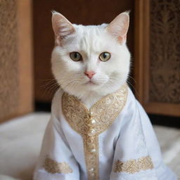 A cute cat dressed in an intricate, white thobe, a traditional Muslim garment, featuring remarkable textures and details.