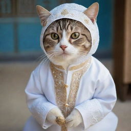 A cute cat dressed in an intricate, white thobe, a traditional Muslim garment, featuring remarkable textures and details.