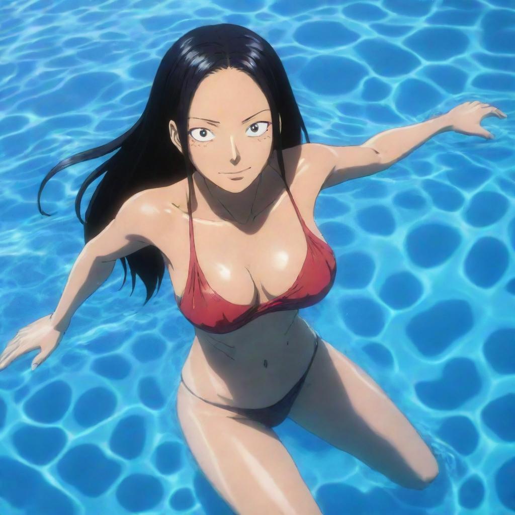 Boa Hancock from One Piece swimming gracefully in a crystal clear pool.