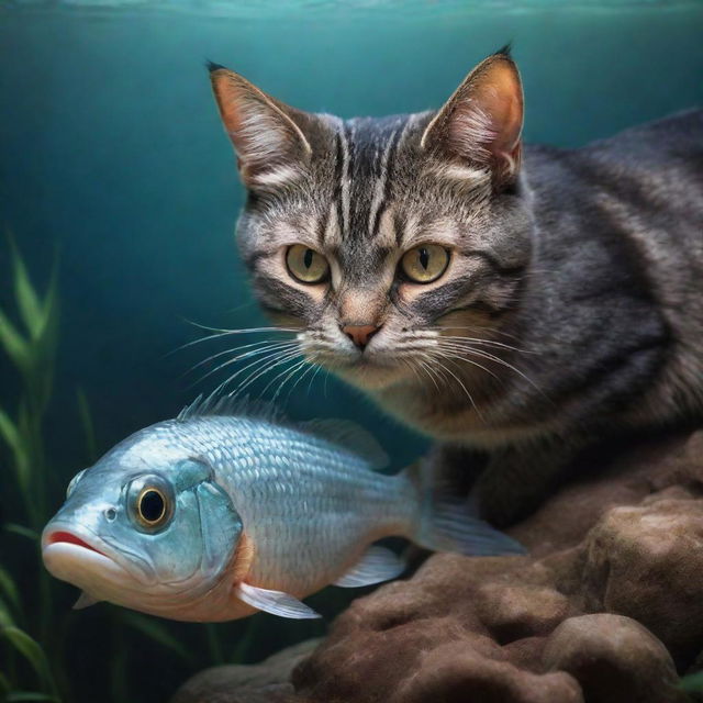 A stealthy cat, with shiny eyes and soft fur, sneakily pilfering a shiny, scaly fish, its eyes wide in surprise.