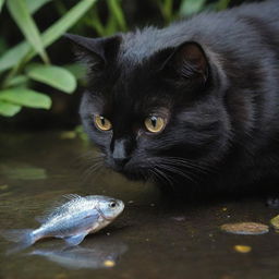 A stealthy cat, with shiny eyes and soft fur, sneakily pilfering a shiny, scaly fish, its eyes wide in surprise.