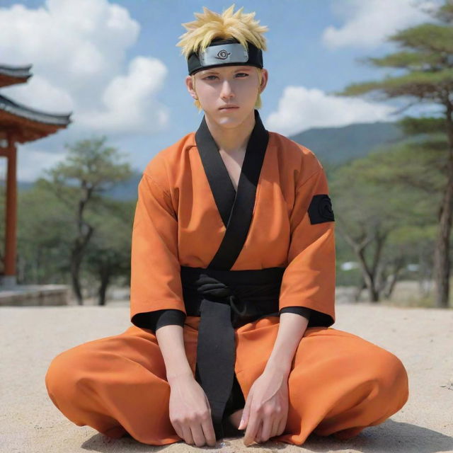 Anime character Naruto Uzumaki, adorned in his traditional orange and black outfit, humbly engaged in the act of Salah, with a serene setting in the background.