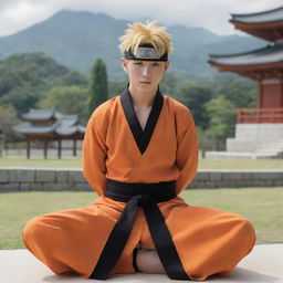 Anime character Naruto Uzumaki, adorned in his traditional orange and black outfit, humbly engaged in the act of Salah, with a serene setting in the background.