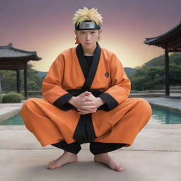 Anime character Naruto Uzumaki, adorned in his traditional orange and black outfit, humbly engaged in the act of Salah, with a serene setting in the background.