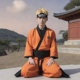 Anime character Naruto Uzumaki, adorned in his traditional orange and black outfit, humbly engaged in the act of Salah, with a serene setting in the background.