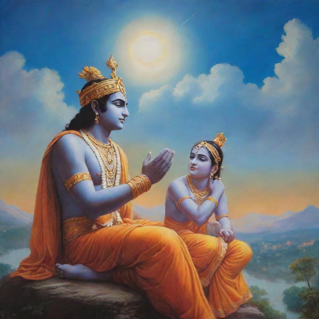 An artistic representation of Lord Ram engaged in a deep conversation with Lord Krishna under a serene, divine sky.