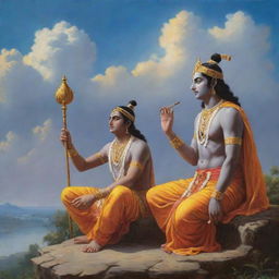 An artistic representation of Lord Ram engaged in a deep conversation with Lord Krishna under a serene, divine sky.