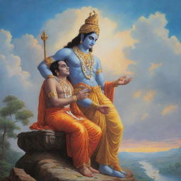 An artistic representation of Lord Ram engaged in a deep conversation with Lord Krishna under a serene, divine sky.