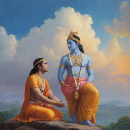 An artistic representation of Lord Ram engaged in a deep conversation with Lord Krishna under a serene, divine sky.