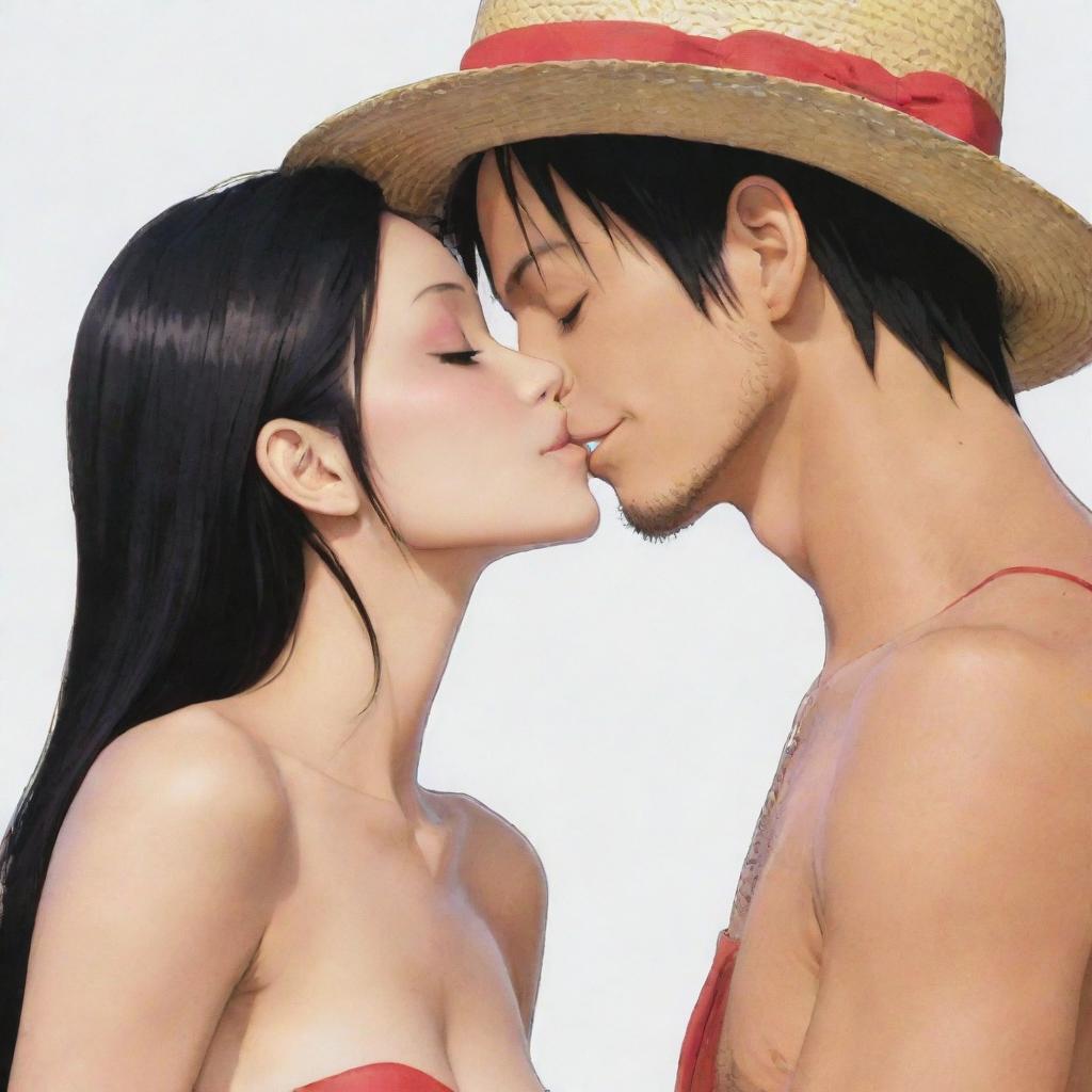 Boa Hancock from One Piece and Luffy sharing a gentle, innocent kiss.