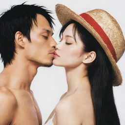 Boa Hancock from One Piece and Luffy sharing a gentle, innocent kiss.