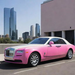 A luxurious, bubblegum pink Rolls-Royce parked in front of a modern cityscape, proud and gleaming under the sun.