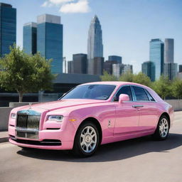 A luxurious, bubblegum pink Rolls-Royce parked in front of a modern cityscape, proud and gleaming under the sun.