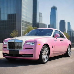 A luxurious, bubblegum pink Rolls-Royce parked in front of a modern cityscape, proud and gleaming under the sun.