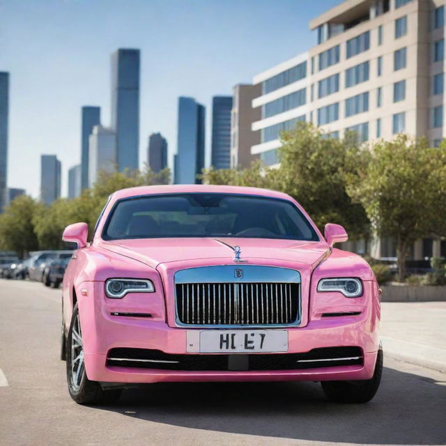 A luxurious, bubblegum pink Rolls-Royce parked in front of a modern cityscape, proud and gleaming under the sun.